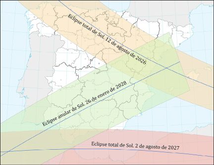 Trayectoria del trio de eclipses que pasarán por la Península.