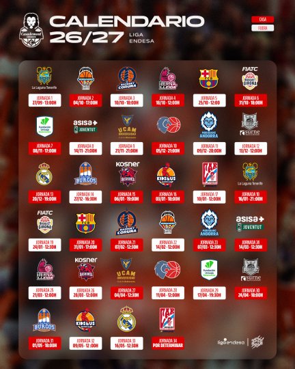 Calendario de Casademont Zaragoza para la temporada 26/27 de ACB