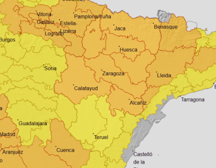Aviso naranja por temperaturas extremas y tormentas en Aragón.