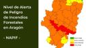 Mapa de alertas de peligros de incendios forestales en Aragón.