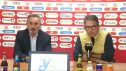 Santiago Gonzalvo, presidente del CD Teruel y Kiko Ramírez, exentrenador del CD Teruel, en rueda de prensa
