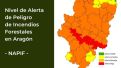 Mapa de alertas de peligros de incendios forestales en Aragón.