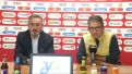 Santiago Gonzalvo, presidente del CD Teruel y Kiko Ramírez, exentrenador del CD Teruel, en rueda de prensa