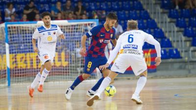 Una imagen del duelo de Fútbol Emotion Zaragoza ante el FC Barcelona.