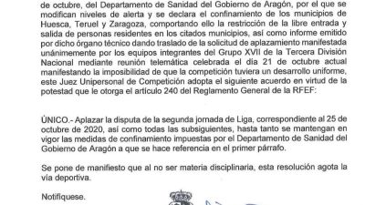 Escrito de la Federación Aragonesa de Fútbol