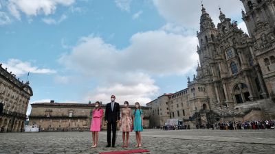 La princesa de Asturias; el rey Felipe VI; la reina Letizia y la infanta doña Sofía, durante la festividad de Santiago Apóstol y Día Nacional de Galicia (EP).