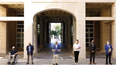 El presidente, Javier Lambán, durante la comparecencia posterior a la reunión. (EP)