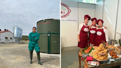 Inma Sarasa en su granja en Alcalá de Gurrea (Huesca) y Obdulia Franco en Catering La Deliciosa en Almonacid de la Cuba.