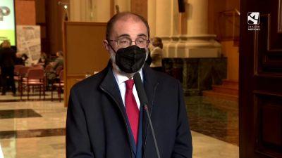 El presidente de Aragón, Javier Lambán, durante su comparecencia de este viernes.