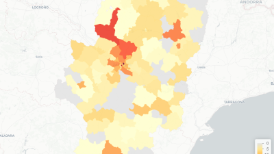 Mapa de casos de COVID-19 en Aragón.