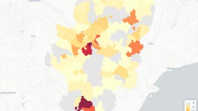 Mapa de casos de COVID-19 en Aragón.