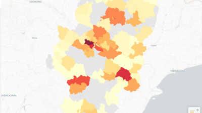 Mapa de casos de COVID-19 en Aragón.