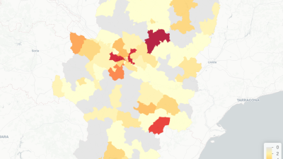 Mapa de casos de COVID-19 en Aragón.