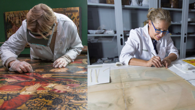 Nerea Díez de Pinos y Carmen Gallego Vázquez, conservadoras-restauradoras de bienes culturales. Fuente: José Garrido (Museo de Zaragoza)