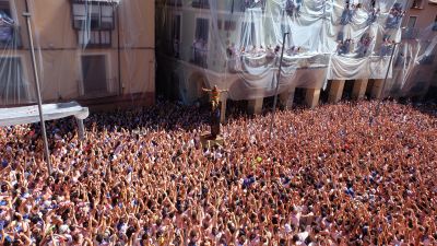 El Cipotegato sobre la estatua de la plaza de España.  / Ayuntamiento de Tarazona