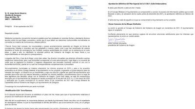 Carta remitida por el presidente de Aragón, Javier Lambán, al alcalde de Zaragoza, Jorge Azcón.