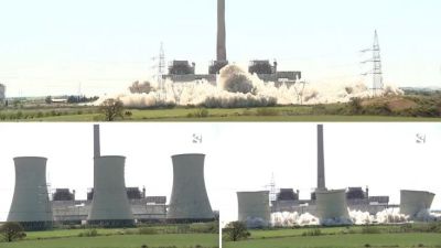 Momento en el que las tres torres fueron detonadas el pasado mayo.  de Andorra (Teruel).