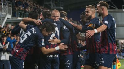 Los jugadores de la SD Huesca celebran un gol esta temporada.
