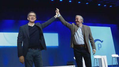 Alberto Núñez Feijóo junto a Jorge Azcón, este sábado en el acto de presentación de candidatos autonómicos del PP, en Zaragoza.