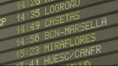 Hora prevista de llegada del tren en pruebas de Renfe en la línea Madrid-Zaragoza-Barcelona-Marsella./ Aragón TV.