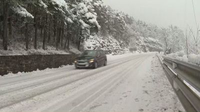Un coche circulando por una carretera del Pirineo.