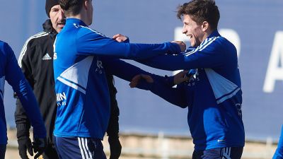 Giuliano Simeone y Alejandro Francés durante un entrenamiento esta semana