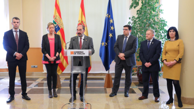 El presidente aragonés, Javier Lambán, durante la presentación este jueves de la ampliación de la empresa. / Gobierno de Aragón