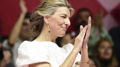 Yolanda Díaz durante la presentación este domingo de su candidatura de Sumar. / Efe