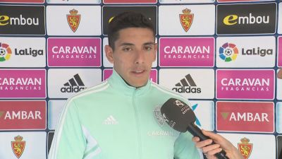 Fran Gámez, en la zona mixta de La Romareda.