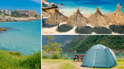 Una imagen de Salou (izquierda), Albania (derecha) y un camping (derecha/inferior). / Canva