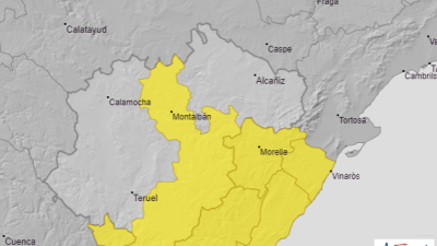 Mapa de las zonas para las que se ha emitido el aviso por las tormentas en Aragón. | Aemet