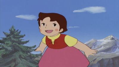 Una escena de los dibujos de Heidi corriendo por los Alpes.
