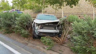 Un coche destrozado en Parque Venecia como consecuencia del temporal.