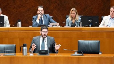 El vicepresidente primero y consejero de Despoblación, Desarrollo Territorial y Justicia del Gobierno de Aragón, Alejandro Nolasco, comparece en las Cortes de Aragón. / Gobierno de Aragón.