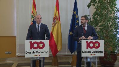 Comparecencia del Presidente de Aragón, Jorge Azcón, y del vicepresidente primero, Alejandro Nolasco, este viernes.