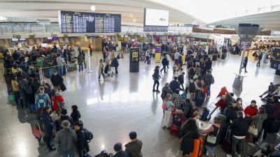 Largas colas de viajeros este sábado en la terminal del aeropuerto de Bilbao. / EFE