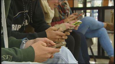 Varios jóvenes usando el teléfono móvil.