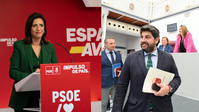 Esther Peña (PSOE) y López Miras (PP) han valorado la decisión de Pedro Sánchez. / Canva