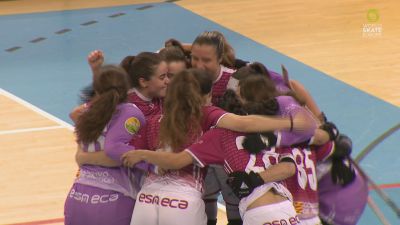 Alegría de las jugadoras del Club Patín Esneca Fraga tras clasificarse para la final de la Champions