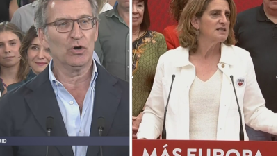 El líder del PP, Alberto Núñez Feijóo, y la candidata del PSOE, Teresa Ribera, en la noche electoral.