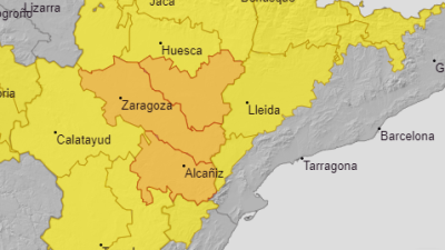 Mapa de avisos por tormentas y lluvias para este domingo en Aragón. | Aemet