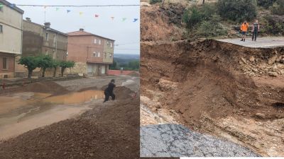 Báguena sigue limpiando sus calles (izquierda) y la carretera A-1227, en Huesca, ha quedado destrozada. / Aragón TV