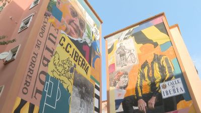 Mural de 400 metros cuadrados que ha realizado el dúo de portugueses 'Projeto Ruido'. / Aragón TV