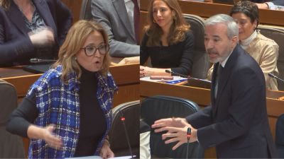 Mayte Pérez y Jorge Azcón, durante la sesión de control en el Pleno de las Cortes de Aragón. / Aragón TV