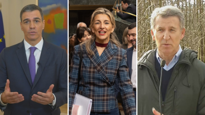El presidente del Gobierno, Pedro Sánchez  (izq), la líder de Sumar, Yolanda Díaz (centro), y el presidente del PP, Alberto Núñez Feijóo , dcha). / AN