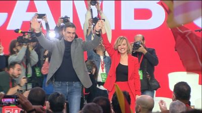 Pedro Sánchez y Pilar Alegría, en el acto de clausura del congreso del PSOE Aragón. / Aragón TV