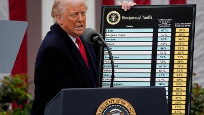 Fotografía de archivo fechada el 2 de abril de 2025 del presidente de Estados Unidos, Donald Trump, mostrando una tabla con aranceles aplicables a socios comerciales de Estados Unidos. / EFE