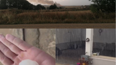 Incendio que ha provocado un rayo en Biota (arriba), el tamaño de la piedra que ha caído en Codo y el granizo que ha descargado en Fuentes de Ebro./ Aragón TV