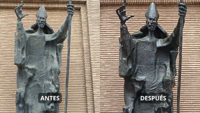 Montaje fotográfico con el antes y el después mejorado de la escultura de San Valero tras su restauración. / Ayto de Zaragoza