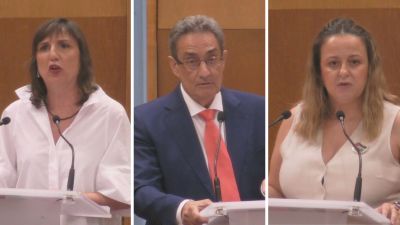 Lola Ranera (PSOE), Julio Calvo (Vox) y Elena Tomás (ZEC) durante sus respectivas intervenciones en el Debate de Estado de la Ciudad de Zaragoza. / ARAGÓN TV